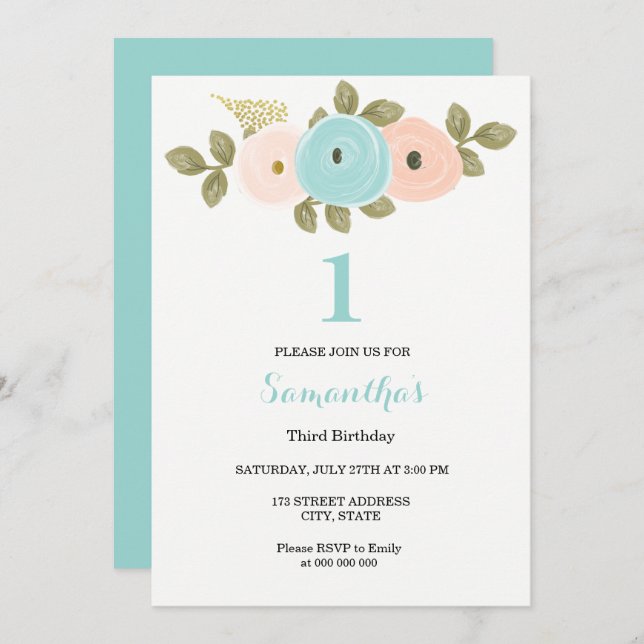 Invitación Niña o niño verde azulado de Flor de Peach Primer  (Anverso / Reverso)