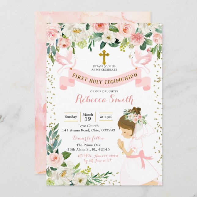 Invitación Niña Orando Floral Primero Santa Comunión (Anverso / Reverso)