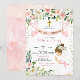 Invitación Niña Orando Floral Primero Santa Comunión