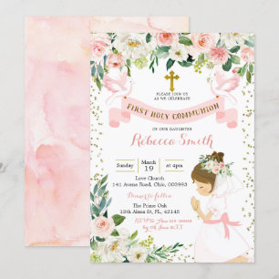 Invitación Niña Orando Floral Primero Santa Comunión