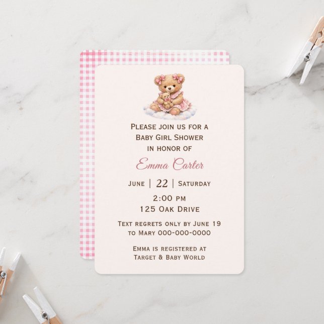 Invitación Niña Oso de peluche con bebé  (Anverso/Reverso In Situ)