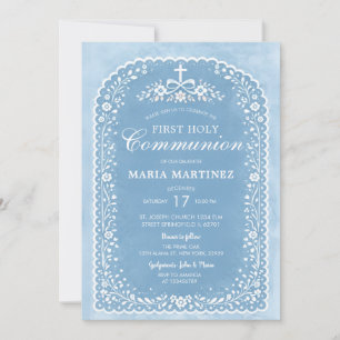 Invitación Niña Papel Picado Azul Polvoriento Primera Comunió