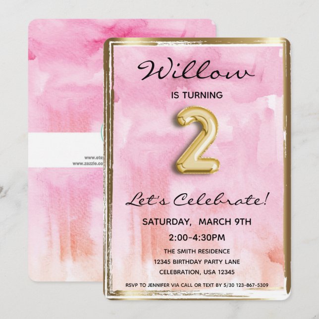 Invitación Niña pequeña 2º cumpleaños rosa y oro (Anverso / Reverso)