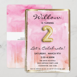 Invitación Niña pequeña 2º cumpleaños rosa y oro