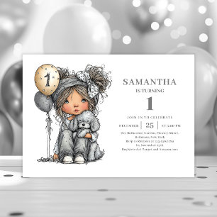 Invitación Niña Pequeña Caprichosa Cumpleaños 1 Negro Dorado