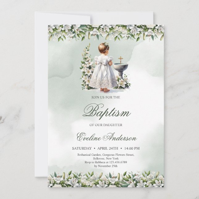 Invitación Niña pequeña con vestido blanco cruza de oro Bauti (Anverso)