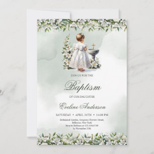 Invitación Niña pequeña con vestido blanco cruza de oro Bauti