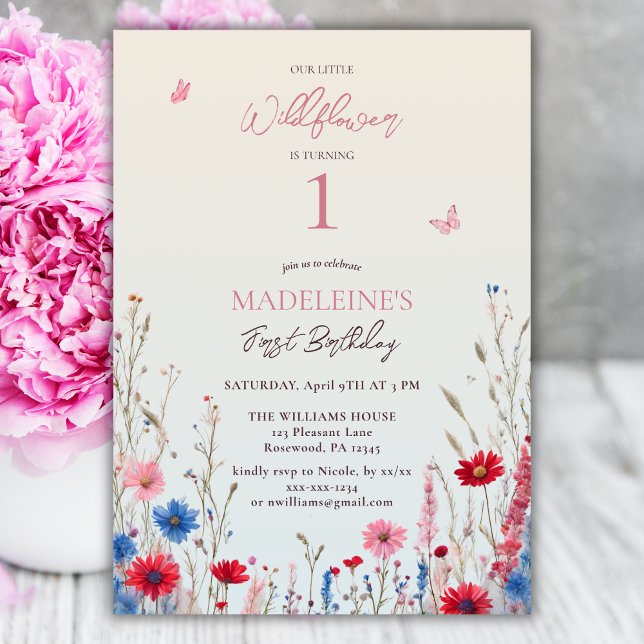 Invitación Niña pequeña de flores silvestres, primer cumpleañ (Subido por el creador)