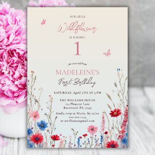 Invitación Niña pequeña de flores silvestres, primer cumpleañ
