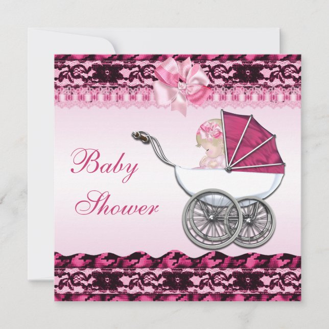 Invitación Niña pequeña en Baby Shower de transporte rosa (Anverso)