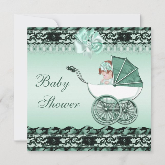 Invitación Niña pequeña en Baby Shower de transporte verde (Anverso)