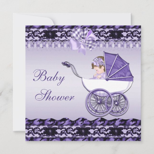 Invitación Niña pequeña en Baby Shower morado (Anverso)