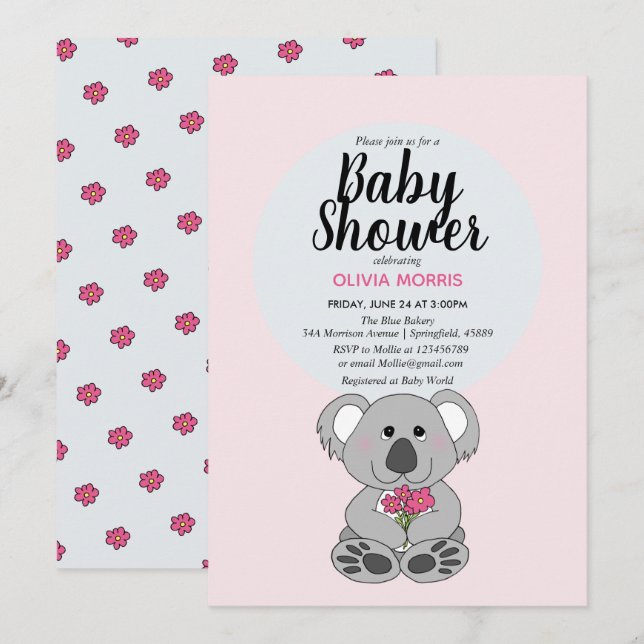 Invitación Niña pequeña Koala Oso Nombre Personalizado Baby S (Anverso / Reverso)