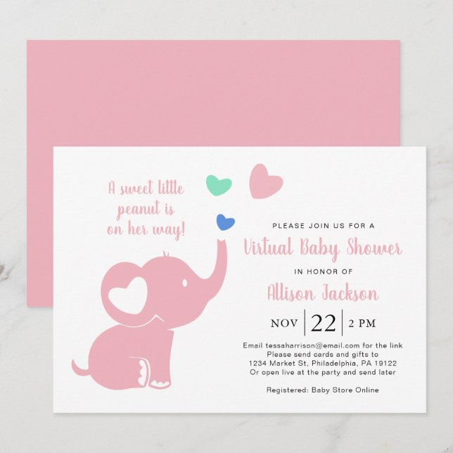 Invitación Niña pequeña pequeña virtual ducha elefante rosa (Anverso / Reverso)