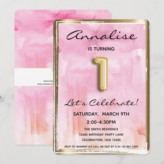 Invitación Niña Pequeña Primer Cumpleaños Rosa y Oro (Anverso / Reverso)