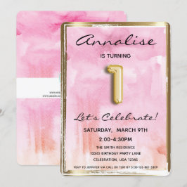 Invitación Niña Pequeña Primer Cumpleaños Rosa y Oro