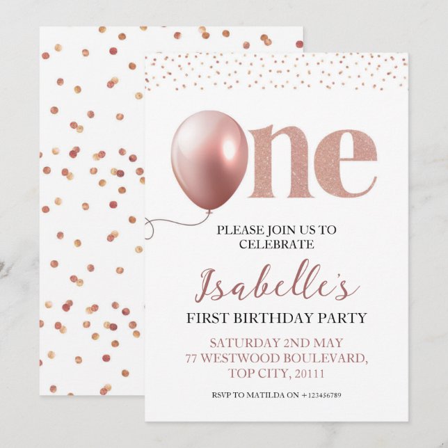 Invitación Niña pequeña primer Rosa de cumpleaños Purpurina r (Anverso / Reverso)