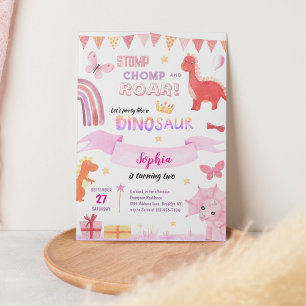 Invitación Niña pequeña Rosa Dino Rosa Dinosaurios Niños Cump