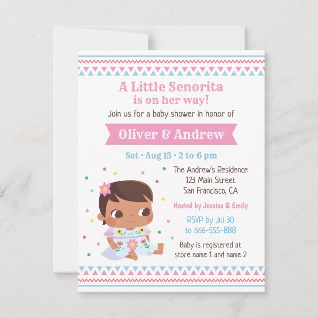 Invitación Niña pequeña Senorita, niña mexicana Baby Shower (Anverso)