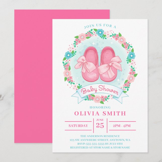 Invitación Niña Pequeña Zapea Baby Shower Con Flores Y Vaca (Anverso / Reverso)