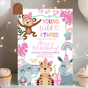 Invitación Niña Pink Safari  Joven Salvaje y Tres Cumpleaños 