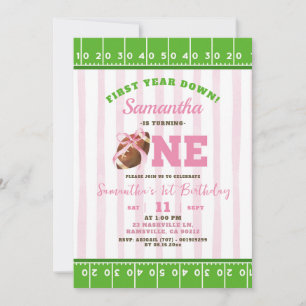 Invitación Niña Primer Año Touch Down Fútbol Primer Cumpleaño