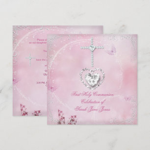 Invitación Niña Primera Comunión Blanca Mariposa Rosa