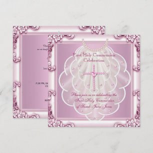 Invitación Niña Primera Comunión Rosa Velo Cruz Rosa