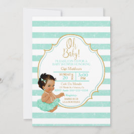 Invitación Niña Princesa Mint Tutu Stripes Purpurina de oro