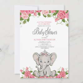 Invitación Niña Princesa Tiara Elefante Floral Rosa