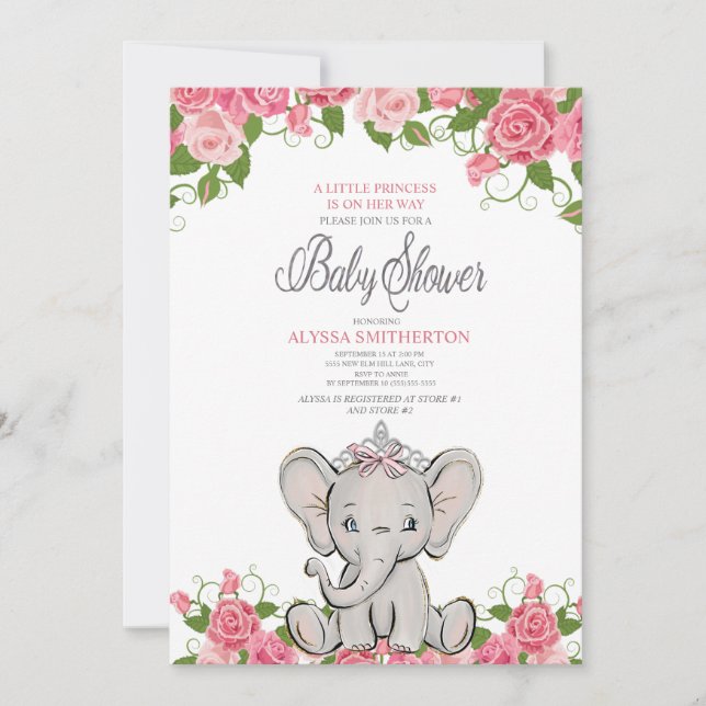 Invitación Niña Princesa Tiara Elefante Floral Rosa (Anverso)
