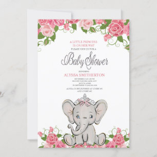 Invitación Niña Princesa Tiara Elefante Floral Rosa