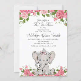 Invitación Niña Princesa Tiara Elefante Rosa Floral Sip See