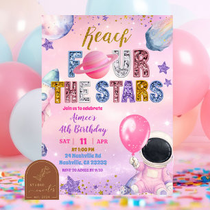 Invitación Niña púrpura de lentejuelas rosa espacial alcanza