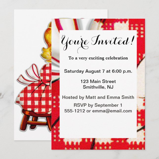 Invitación Niña retro vintage muñeca niña (Anverso / Reverso)