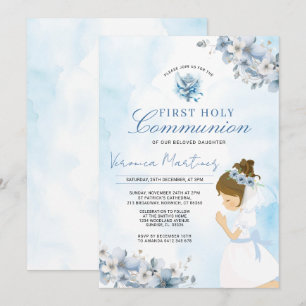 Invitación Niña rezando 1ra Comunión Azul Floral Cruz