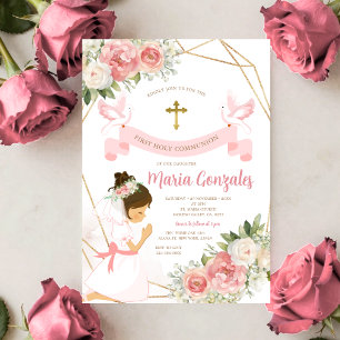 Invitación Niña rezando oro primera comunión floral rosa