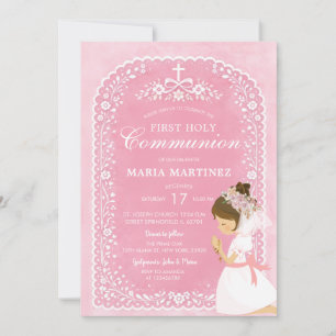 Invitación Niña Rezando Pink Papel Picado Primera Comunión
