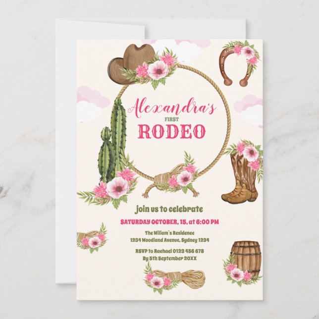 Invitación Niña rodeo-bebé de primer cumpleaños de occidente  (Anverso)
