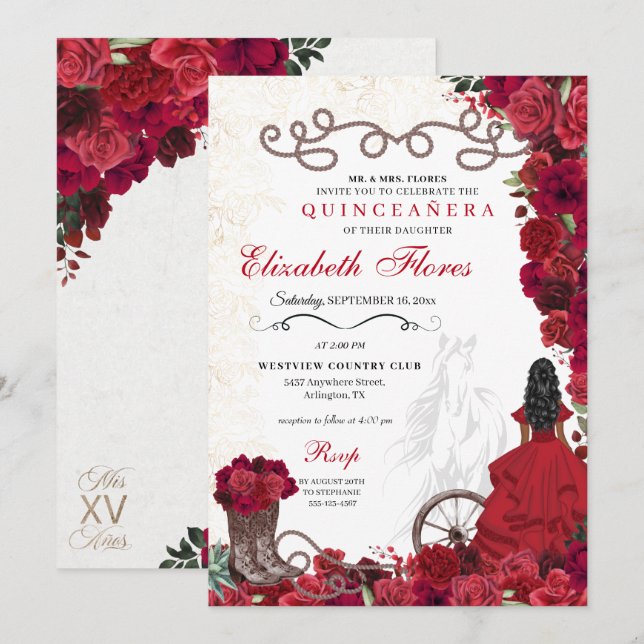 Invitación Niña roja Ranchero Occidental Quinceanera (Anverso / Reverso)
