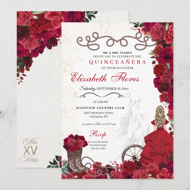 Invitación Niña roja Ranchero Occidental Quinceanera (Anverso / Reverso)