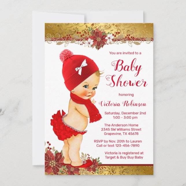 Invitación Niña Rojo Dorado Navidad Bebe Cumpleaños Rubia (Anverso)