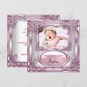 Invitación Niña Rosa Bautizo Cruz Blanca