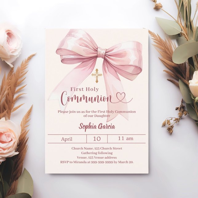 Invitación Niña rosa crema elegante Primera Comunión (Subido por el creador)