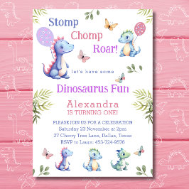 Invitación Niña Rosa Cute Dinosaurio Primer Fiesta de cumplea