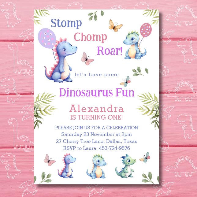 Invitación Niña Rosa Cute Dinosaurio Primer Fiesta de cumplea (Subido por el creador)