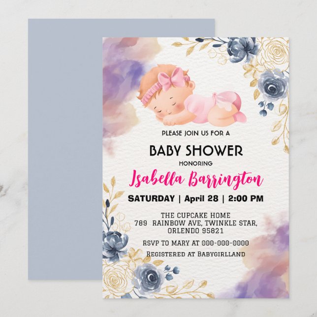 Invitación Niña Rosa Cute Rosa flores bebé ducha niños (Anverso / Reverso)