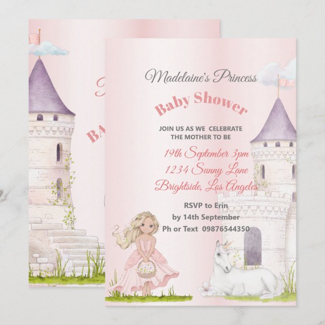 Invitación Niña rosa de la princesa Unicorn (Anverso / Reverso)