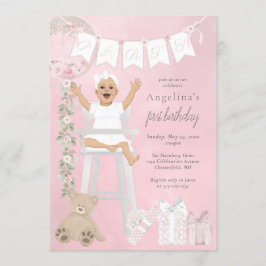 Invitación Niña rosa de primer cumpleaños en silla de ruedas