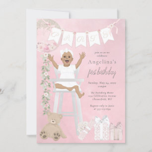 Invitación Niña rosa de primer cumpleaños en silla de ruedas